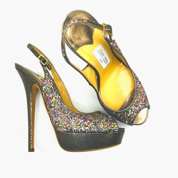Jimmy Choo CLUE Multicolor Glitter Slingback Platform Open Sandals in sz 39.5 - Picture 2 of 14